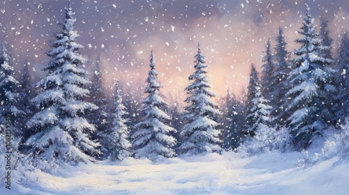 Snow-dusted evergreens at dusk, light snowflakes falling, capturing the essence of a magical, quiet winter evening.