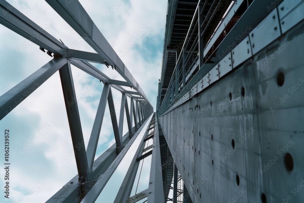 Naklejka premium Upward view of industrial architecture against a backdrop of cloud-speckled sky, emphasizing strength and modern design.