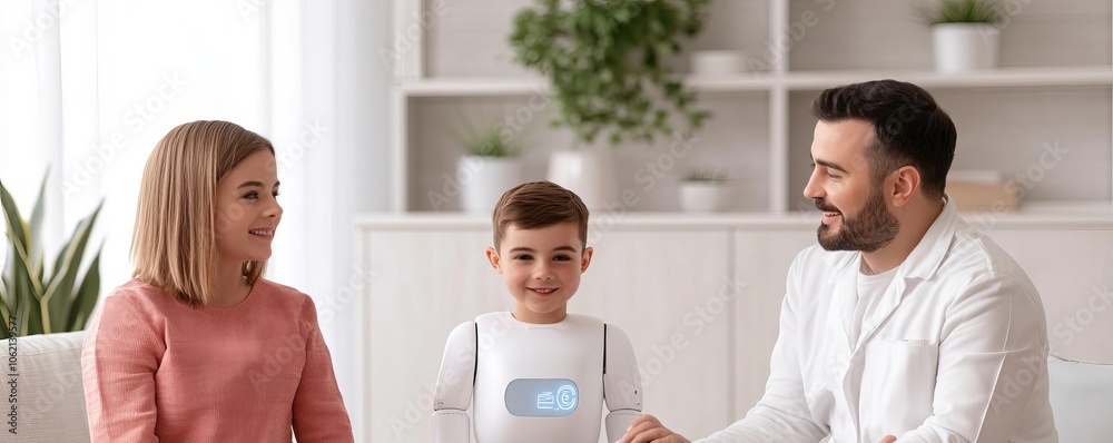 Fototapeta premium Family interacting with digital health assistant in clinic, welcoming, bright atmosphere