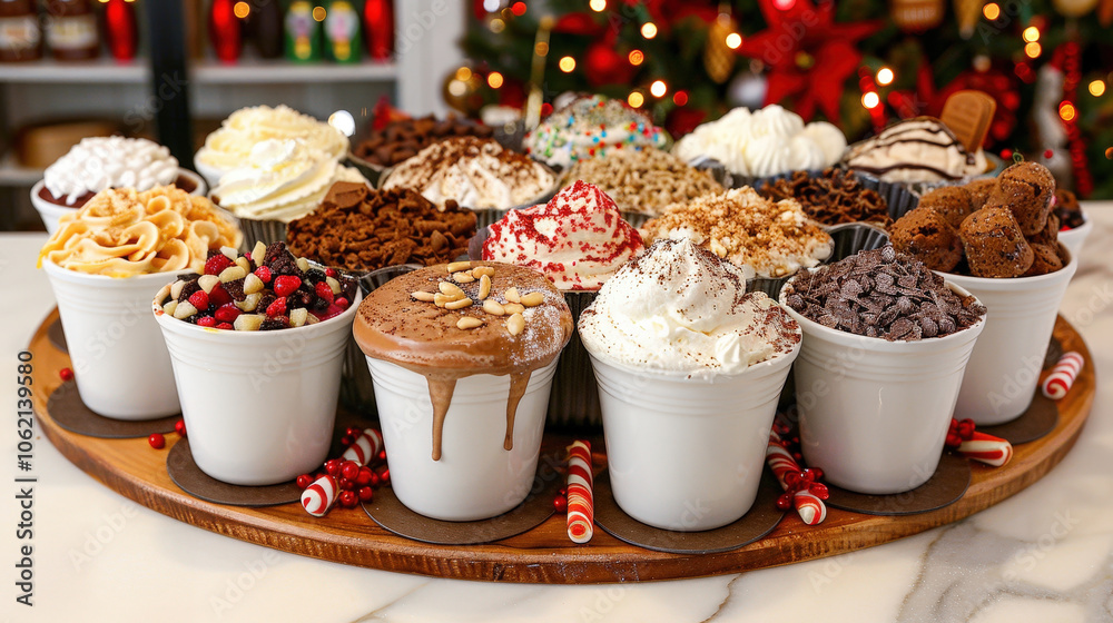 Festive hot chocolate bar with various toppings, including whipped cream, chocolate shavings, and sprinkles, creating joyful and inviting atmosphere for holiday gatherings Festive hot chocolate bar with various toppings, including whipped cream, chocolate shavings, and sprinkles, creating joyful and inviting atmosphere for holiday gatherings
