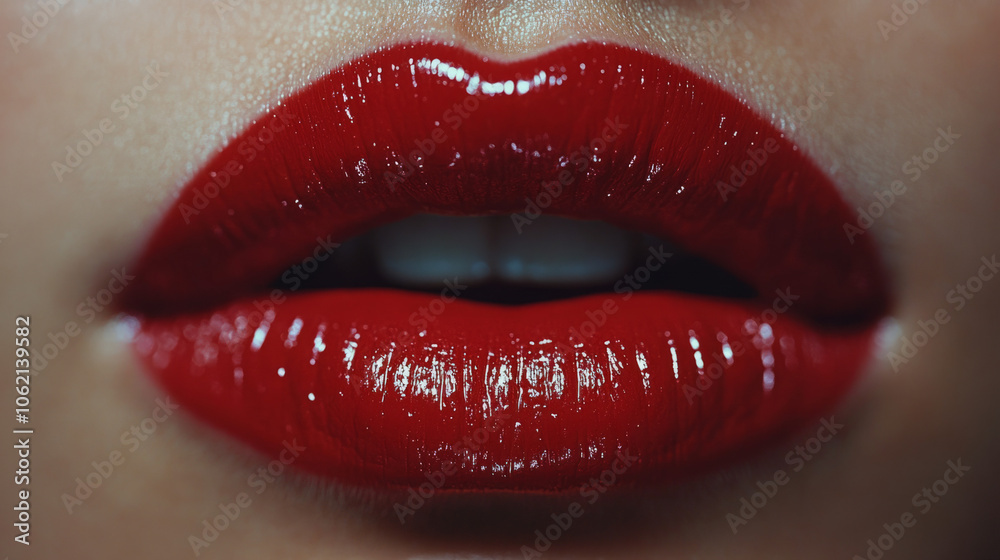 Obraz premium Close-up of glossy red lips showcasing beauty artistry and makeup techniques