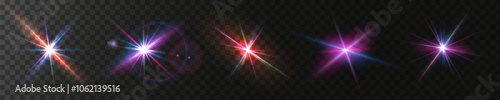 The image shows a multi-colored starlight including sunlight and dawn effect. Rainbow star. The star shines with a rainbow of red yellow and blue colors. Optical effect of fire light. Vector lens