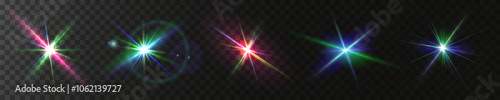 The image shows a multi-colored starlight including sunlight and dawn effect. Rainbow star. The star shines with a rainbow of red yellow and blue colors. Optical effect of fire light. Vector lens