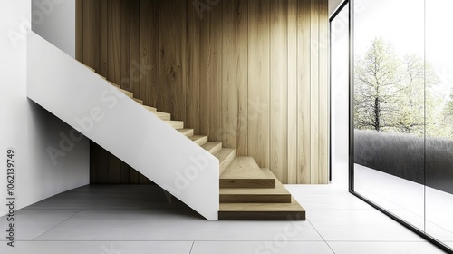 Stylish staircase wall in a hallway featuring sleek wooden panels on one side and above, showcasing modern interior design with white walls and wood paneling. 