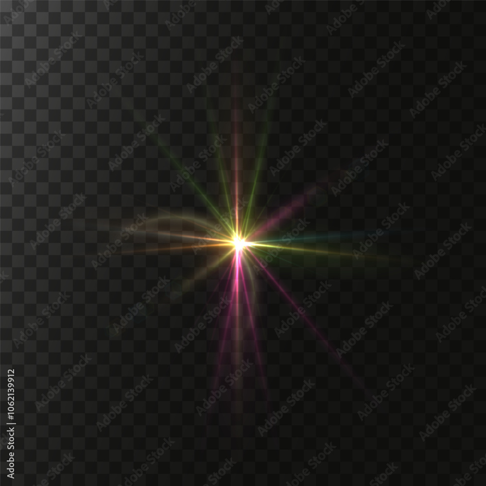 Obraz premium Sunlight, abstract special effect. Light effect set. Glowing isolated color transparent light effect set, lens flash, explosion, glitter, glitter, glitter, dust, line, solar flare, glitter and stars