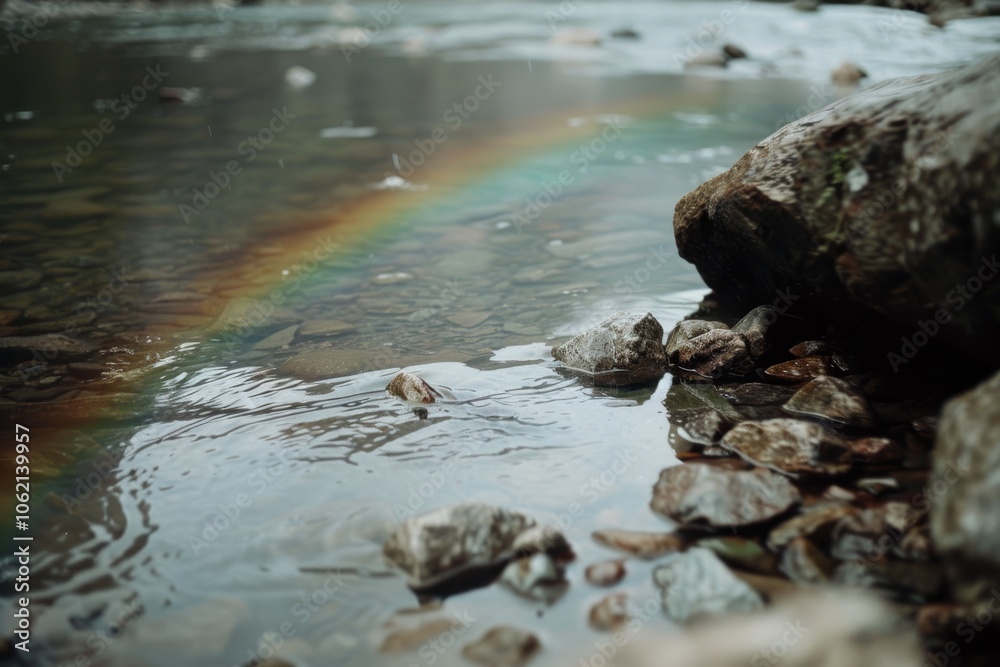 Obraz premium A mesmerizing rainbow arcs over a serene river, creating a perfect moment of natural wonder.