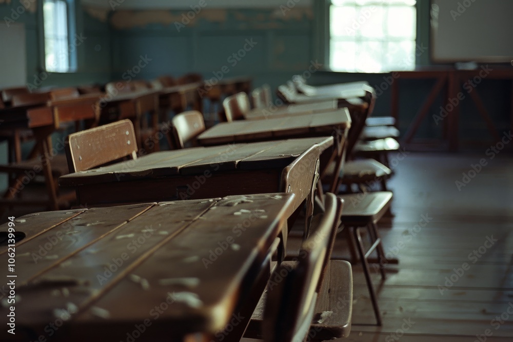 Obraz premium Sunlight filters through dusty classroom windows, illuminating worn desks in a forgotten space.
