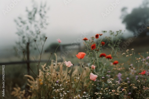 Wildflowers in soft focus bloom graciously in a misty field, evoking a serene and poetic landscape. photo