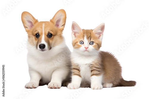 A Welsh corgi puppy and a red kitten sitting next to each other, both appearing calm isolated on white background