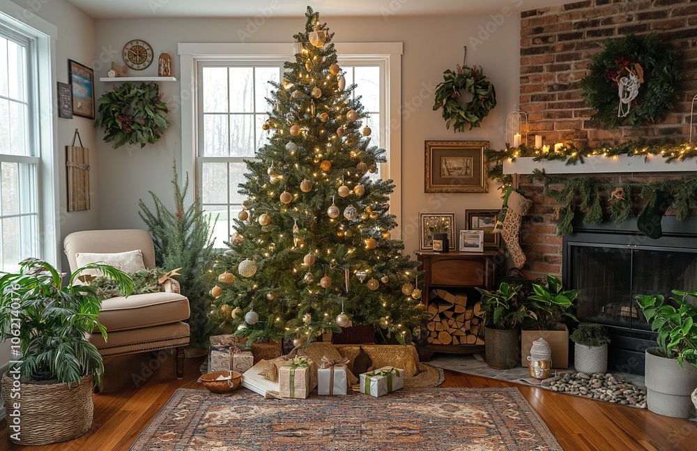 Christmas tree in the living room with gift boxes and handmade decoration Christmas tree in the living room with gift boxes and handmade decoration