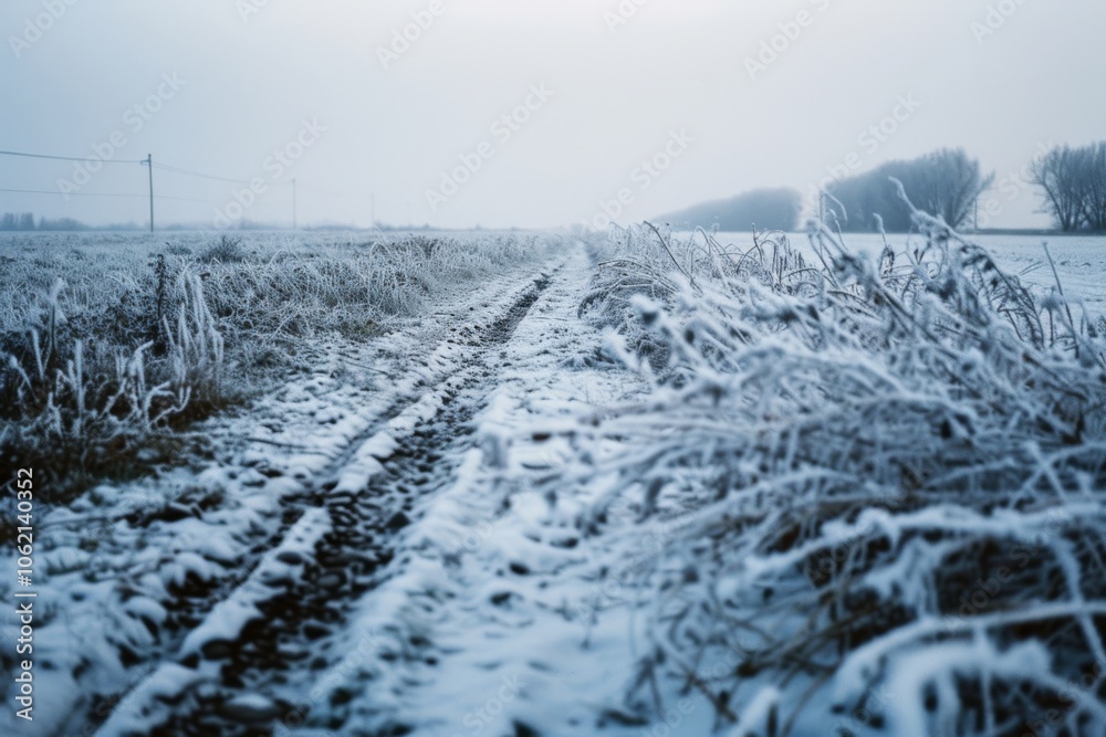 A desolate winter path stretches through a snow-covered landscape, evoking a sense of solitude and serenity, with frost-laden vegetation lining the road. A desolate winter path stretches through a snow-covered landscape, evoking a sense of solitude and serenity, with frost-laden vegetation lining the road.