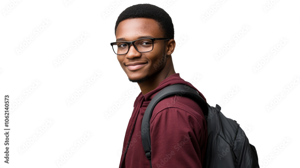 Smiling young African American college student with books and backpack, wearing glasses, isolated on transparent background Smiling young African American college student with books and backpack, wearing glasses, isolated on transparent background