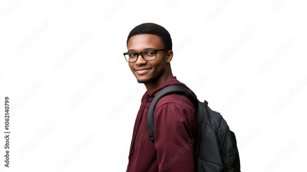 Smiling young African American college student with books and backpack, wearing glasses, isolated on transparent background Smiling young African American college student with books and backpack, wearing glasses, isolated on transparent background