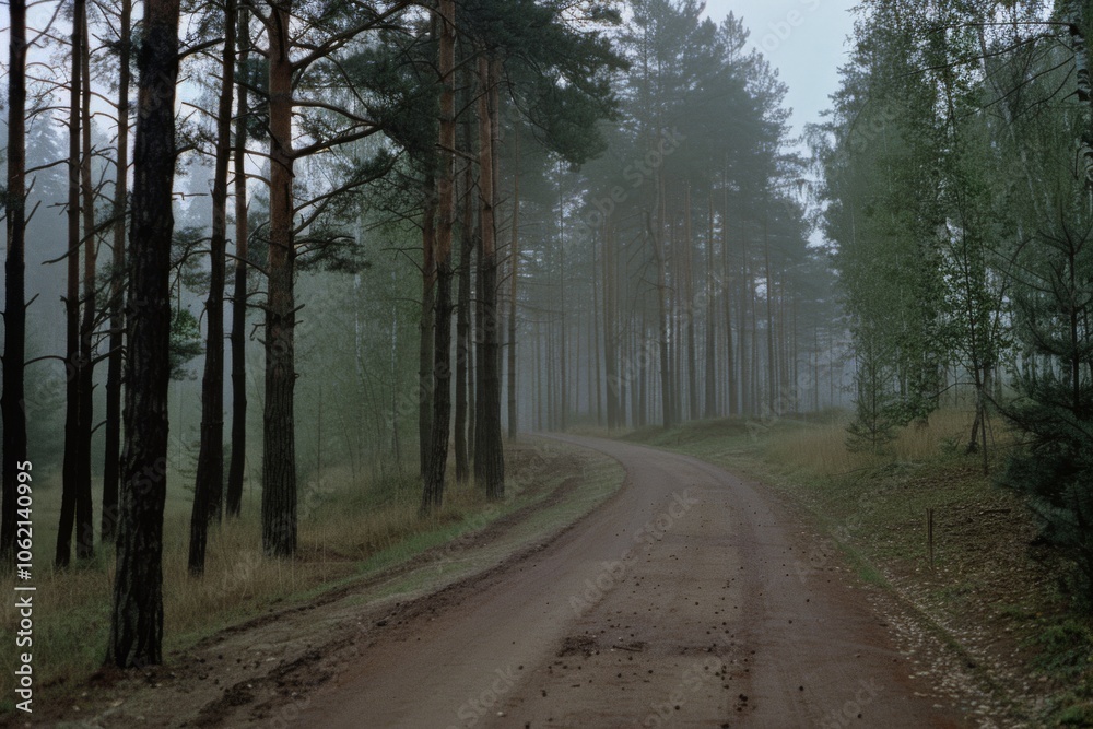 Naklejka premium Mist envelops a winding forest road, weaving a tranquil yet mysterious atmosphere through tall pine trees.