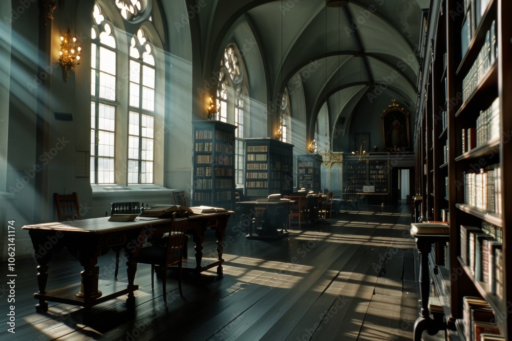 A sunlit library with towering shelves and arched windows offers a timeless retreat into knowledge and history's embrace. A sunlit library with towering shelves and arched windows offers a timeless retreat into knowledge and history's embrace.