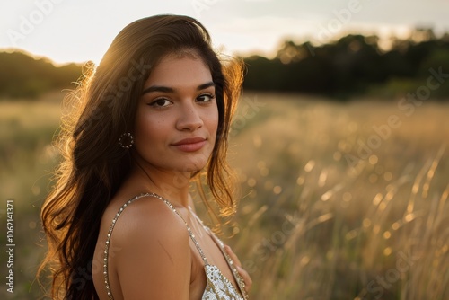 A woman stands in a sunny field, exuding confidence and grace, with her hair illuminated by the golden sun.