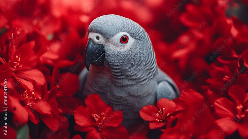 Obraz premium A grey parrot with red eyes is nestled amongst red flowers.