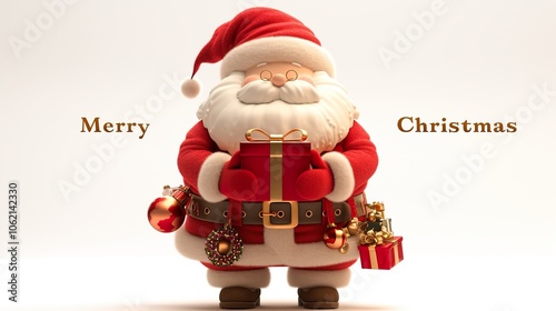 Christmas background with Santa Claus and a Christmas tree, gifts under the Christmas tree, cartoon characters of Santa Claus in red next to him on a dark red background with the white inscription 