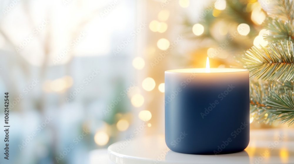 Cozy candle illuminates a festive room decorated for the holidays Cozy candle illuminates a festive room decorated for the holidays