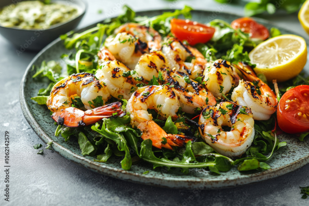 Grilled shrimp served on a bed of fresh arugula with vibrant tomatoes and lemon Grilled shrimp served on a bed of fresh arugula with vibrant tomatoes and lemon