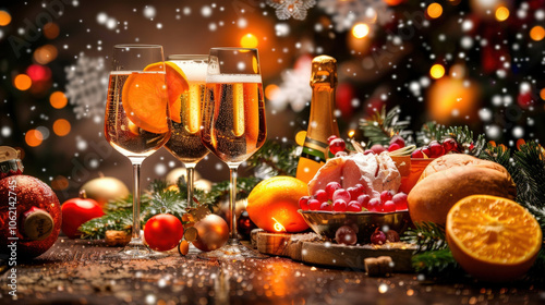 Cheers to festive celebration with sparkling champagne glasses, surrounded by delicious treats and vibrant decorations. warm glow of holiday spirit shines through!