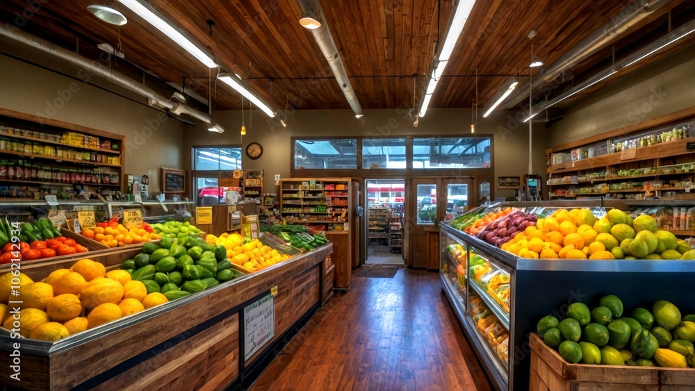 Fototapeta premium Cozy Small Grocery Store Interior with Diverse Organic and Local Products, Warm Lighting, Wooden Shelves, Rustic Decor, Inviting Atmosphere, Fresh Produce, Artisan Goods, Customer-Friendly Layout
