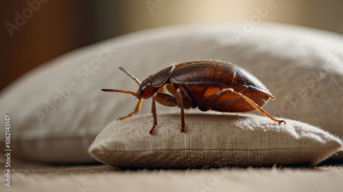 A bed bug is poised on a pillow within a dimly lit bedroom indicating a possible infestation that requires immediate attention
