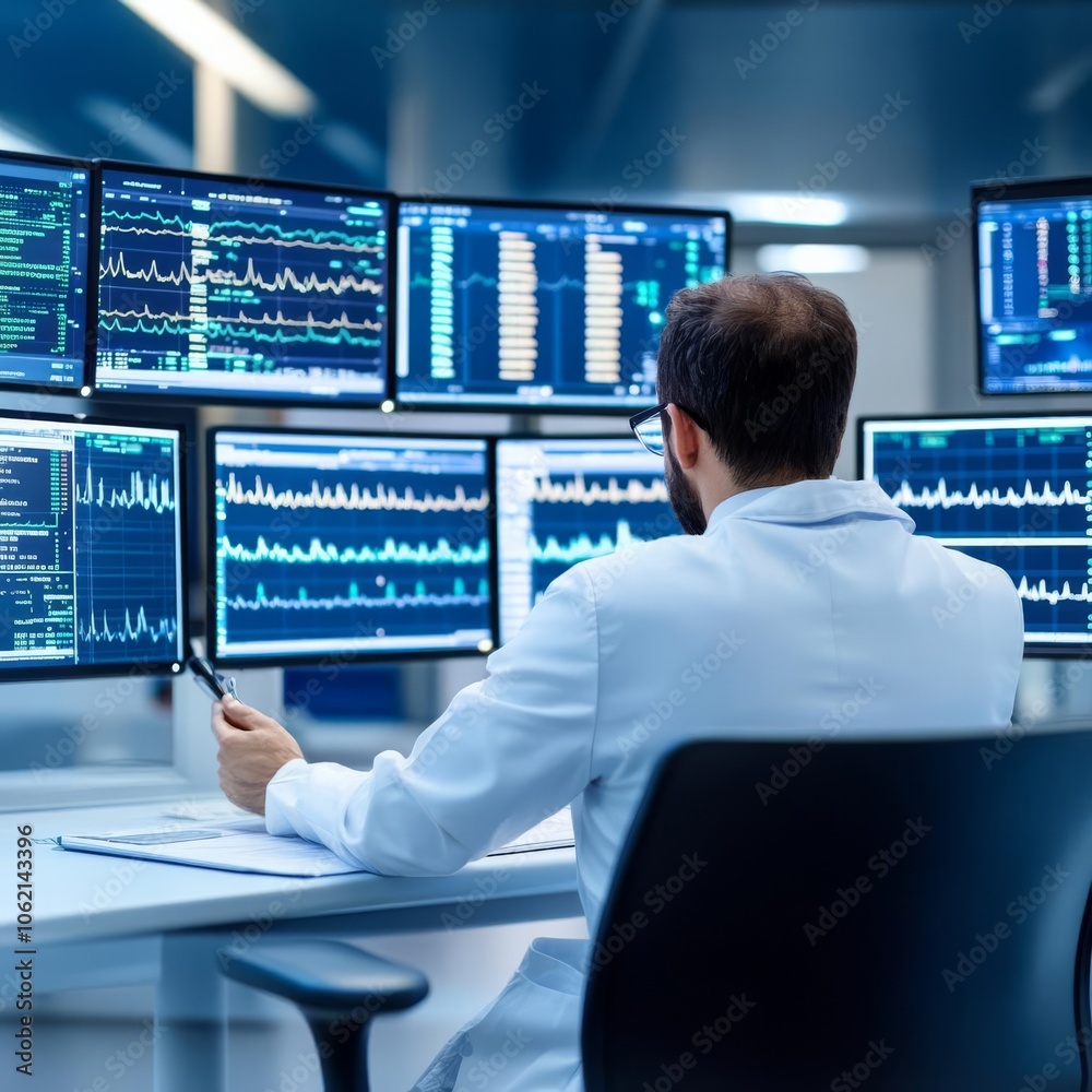 Fototapeta premium Researcher studying patient data on multiple monitors, focus on health patterns, clinical data analysis
