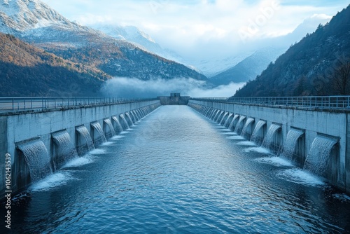 Flowing water cascades from a dam surrounded by mountains at dawn in a serene valley