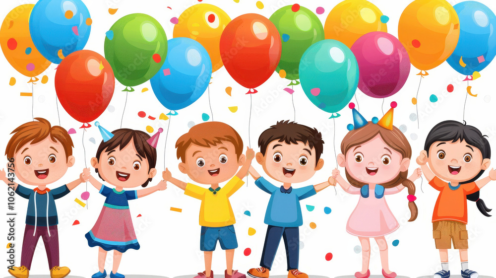 joyful group of children celebrating with colorful balloons and confetti, capturing excitement of festive occasion. Their smiles reflect happiness and togetherness joyful group of children celebrating with colorful balloons and confetti, capturing excitement of festive occasion. Their smiles reflect happiness and togetherness