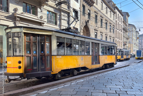 Fototapeta Naklejka Na Ścianę i Meble -  tram di milano, italy, 1 novembre 2024, street car of milan, italy, 1st novembre 2024