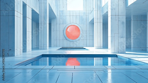 Minimalist concrete building interior with pool and round window. photo