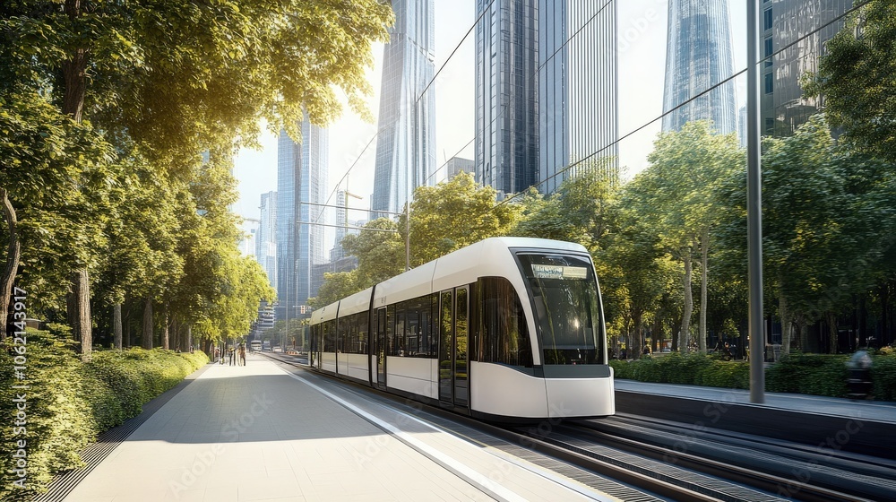 Obraz premium Modern Tram in a City Setting.