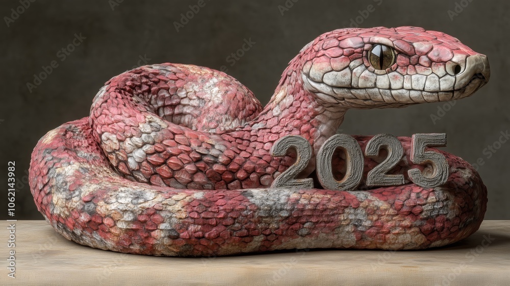 Fototapeta premium A detailed sculpture of a coiled snake with rustic scales and the year 