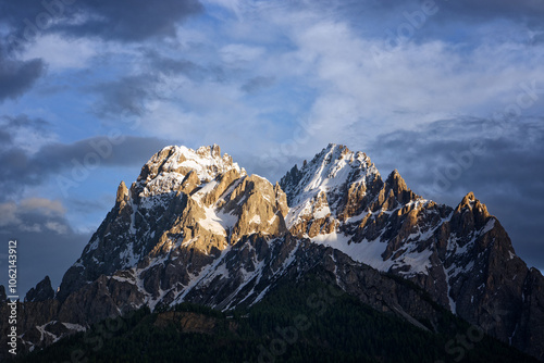 Mountain panorama, sunset light on snow covered peaks of the Sesto Dolomites, South Tyrol, Alps, Italy, Europe