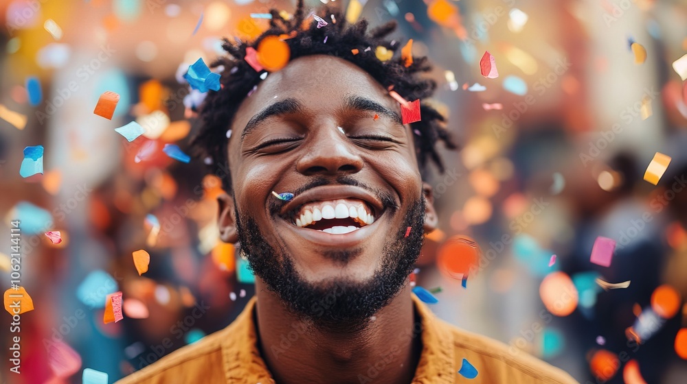 Funny black man is smiling and surrounded by colorful confetti Funny black man is smiling and surrounded by colorful confetti