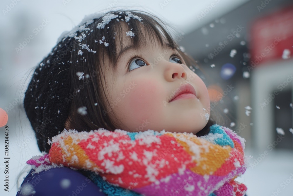 Close-up of a little girl bundled in warm winter clothes, looking up and enjoying the falling snowflakes Close-up of a little girl bundled in warm winter clothes, looking up and enjoying the falling snowflakes