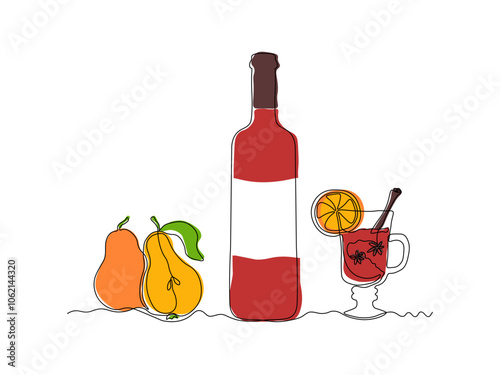 Glass bottle with wine,port, alcohol. wine glass, mulled wine, pear , continuous single line art drawing sketch, logo