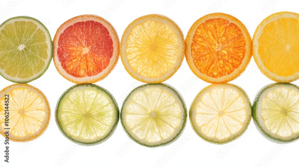 Row of fresh citrus fruits orange, lemon, and lime, whole and sliced, isolated on white background Row of fresh citrus fruits orange, lemon, and lime, whole and sliced, isolated on white background