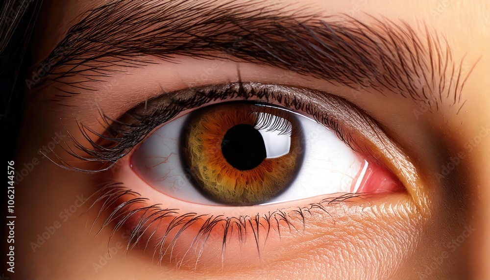 Fototapeta premium Macro image of human eye iris on dark background highlighting brown cornea and detailed