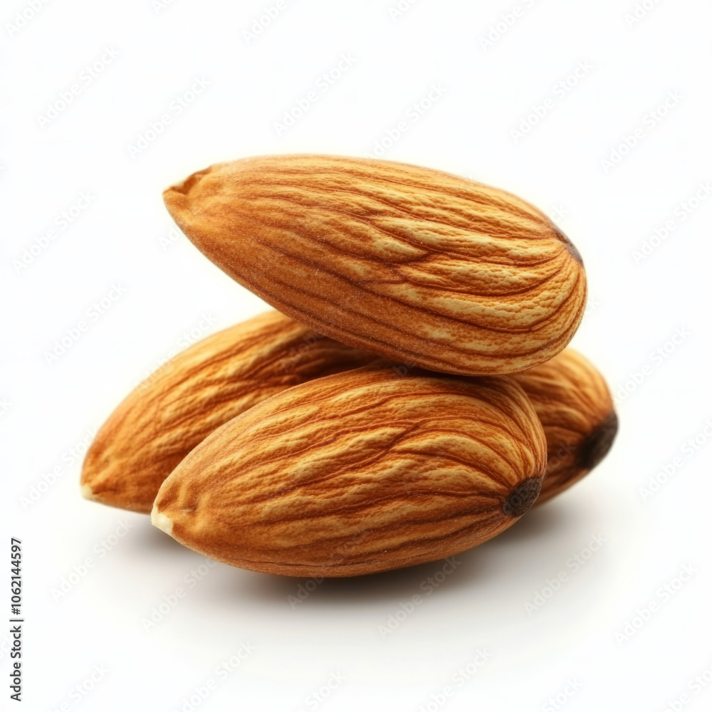Elegant stacked almonds on a white background highlighting texture Elegant stacked almonds on a white background highlighting texture