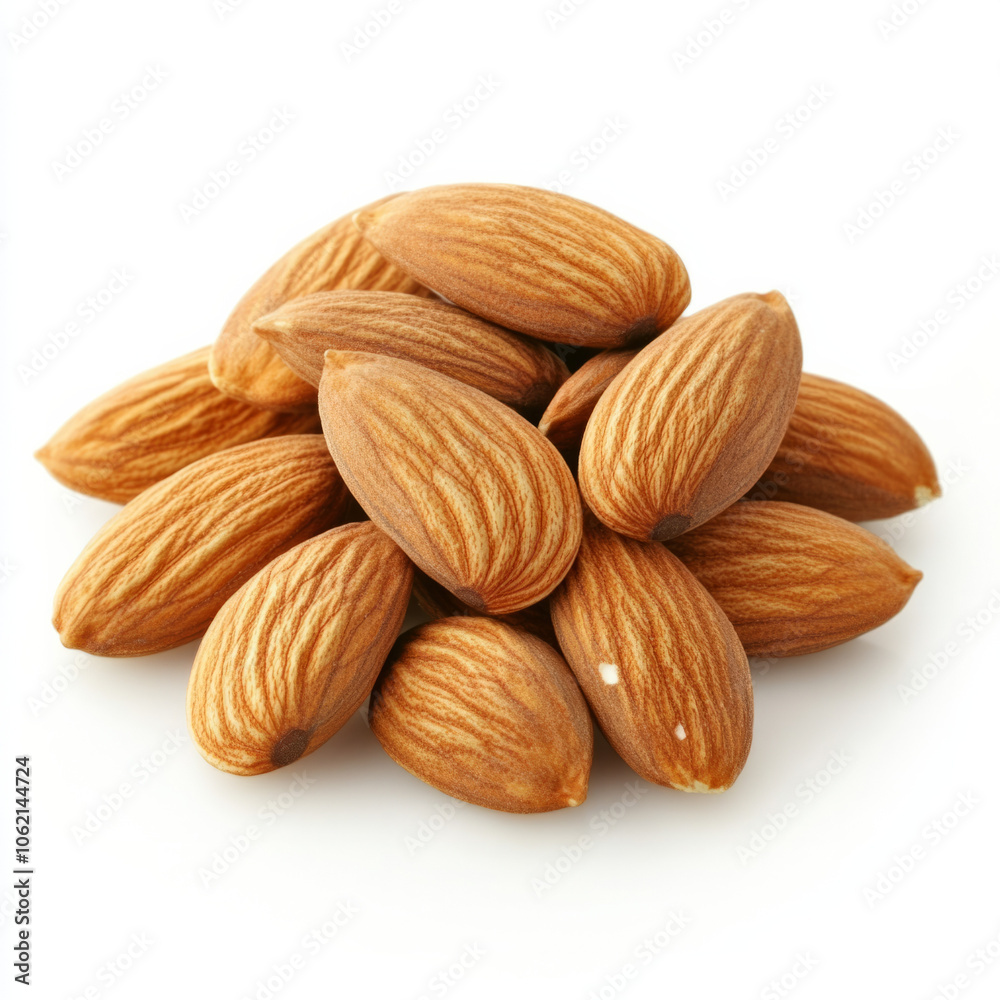 A close-up view of raw almonds stacked neatly on a white surface A close-up view of raw almonds stacked neatly on a white surface