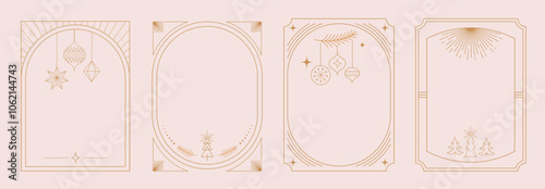 Christmas Art deco frames, Merry Christmas, invitations set. Collection of linear vector frames, cards design. Elegant, luxury printable illustrations