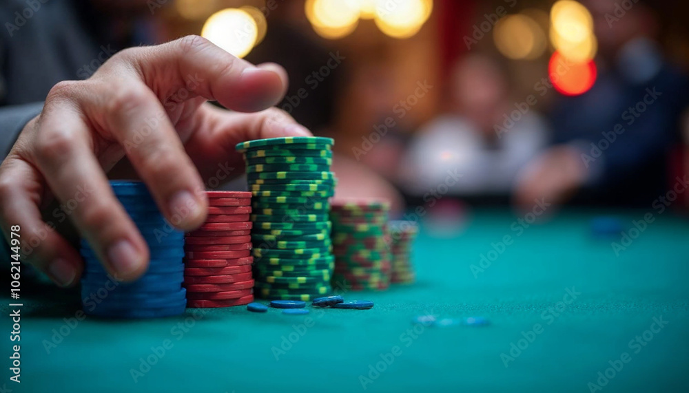A close-up showcases a hand arranging vibrant poker chips, emphasizing precision in gambling.
A close-up showcases a hand arranging vibrant poker chips, emphasizing precision in gambling.