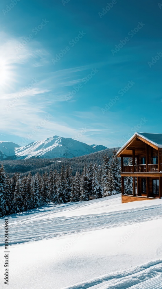 A Cozy Cabin Overlooks Snowy Mountains and Pine Forests Under Clear Blue Skies A Cozy Cabin Overlooks Snowy Mountains and Pine Forests Under Clear Blue Skies