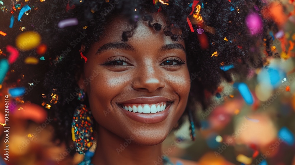 Funny black woman is smiling and surrounded by colorful confetti Funny black woman is smiling and surrounded by colorful confetti