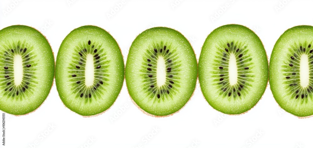 Fototapeta premium Sliced kiwi, bright green with seeds visible, lined up, isolated on white background