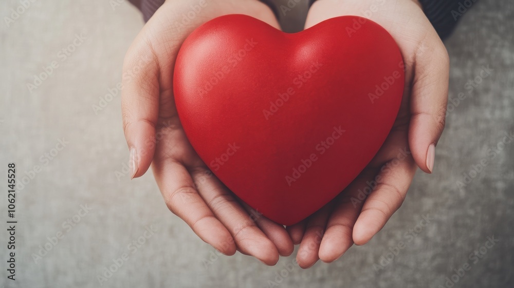 Fototapeta premium Hands holding a red heart symbolizing love, care, and compassion on a soft background for emotional connection.