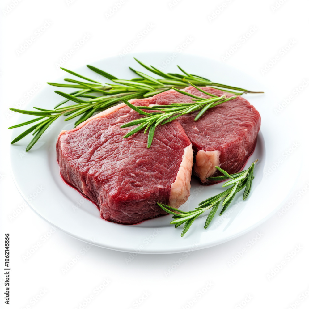 Fresh cuts of red meat garnished with sprigs of rosemary on a white plate Fresh cuts of red meat garnished with sprigs of rosemary on a white plate