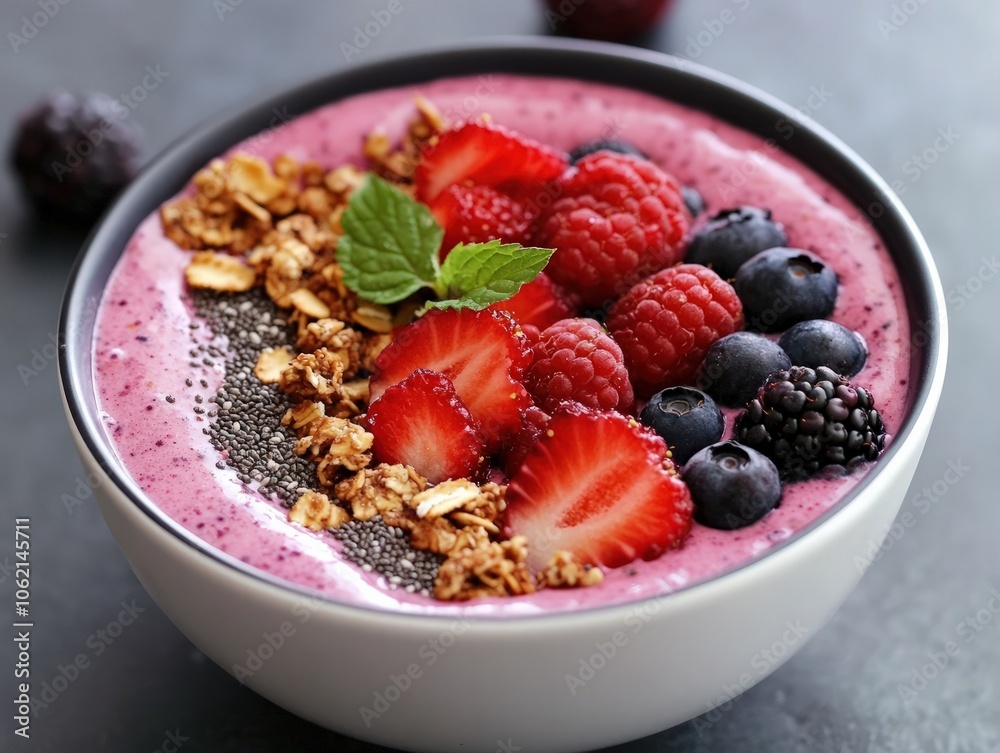 A berry-infused plant-based protein smoothie bowl made with pea protein, chia seeds, and almond milk, topped with fresh berries and granola, offering a delicious and nutritious meal replacement